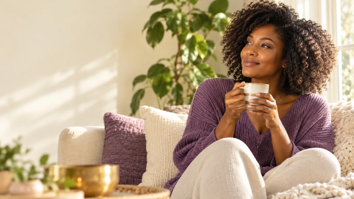 Generated lifestyle illustration of a woman pausing with a warm drink at home